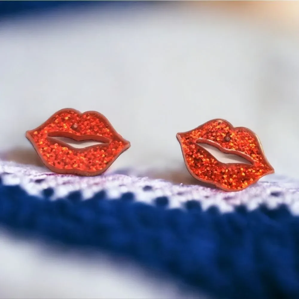 Red Glitter Lip Stud Earrings Tiny Sparkly Kiss Playful Acrylic Girl's Night